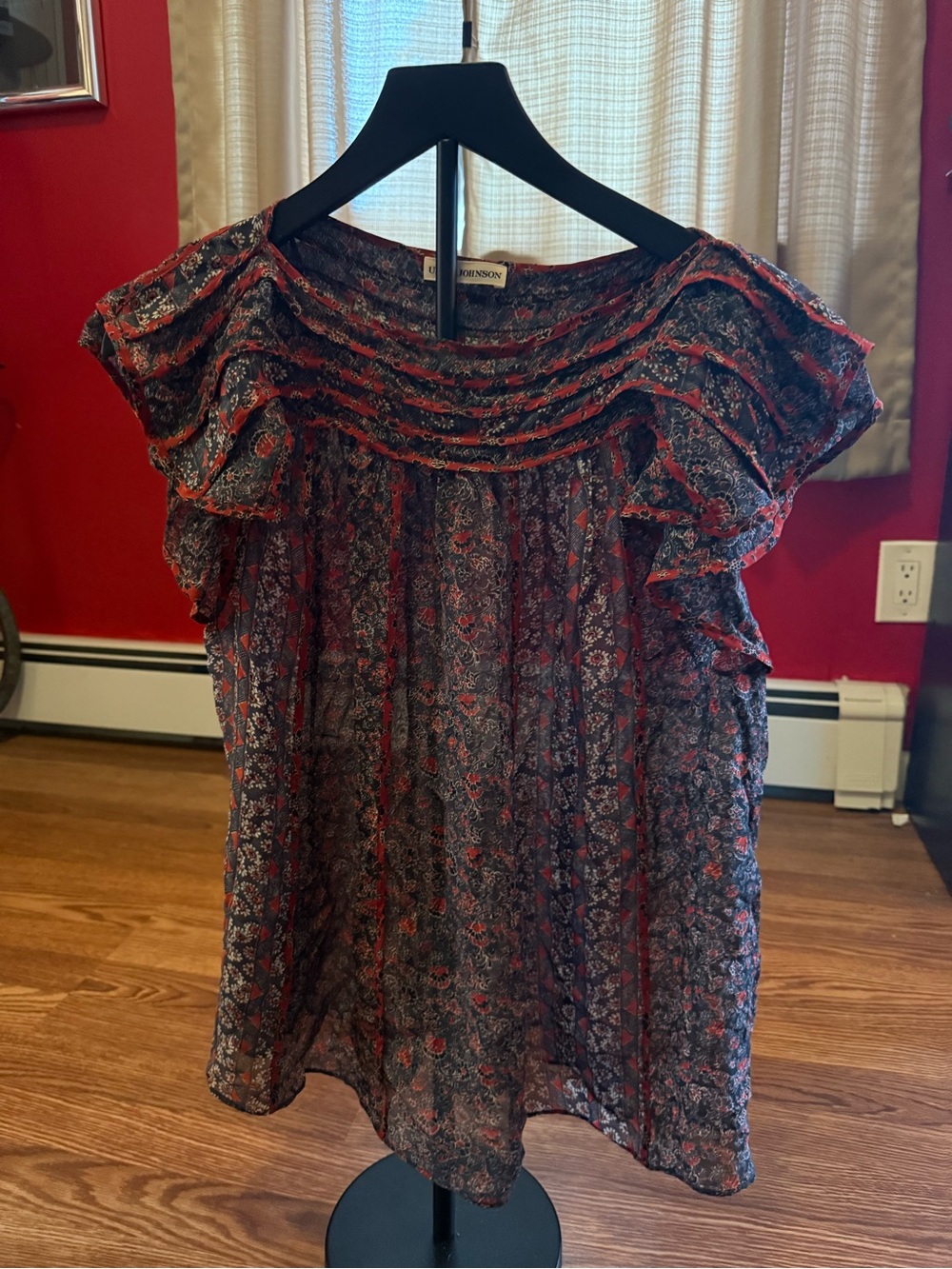 Ulla Johnson Printed Ruffled Cap-Sleeve Blouse - Red/Black 100%silk